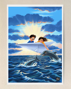 Handshake with dolphins - Art Print