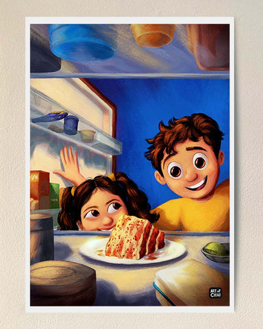 Finding extra piece of cake in the fridge - Art Print