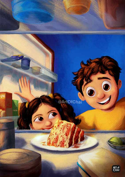 Finding extra piece of cake in the fridge - Art Print