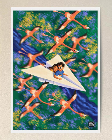 Flying among Flamingos - Art Print