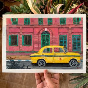 Yellow taxi painting of Kolkata street