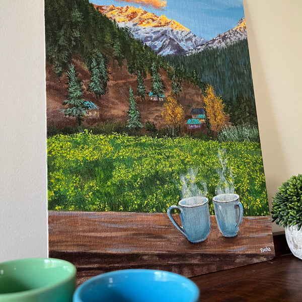 Painting of chai tea coffee in Himalaya mountains travel buddies