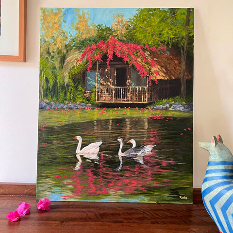 bougainvillea ducks painting for living room