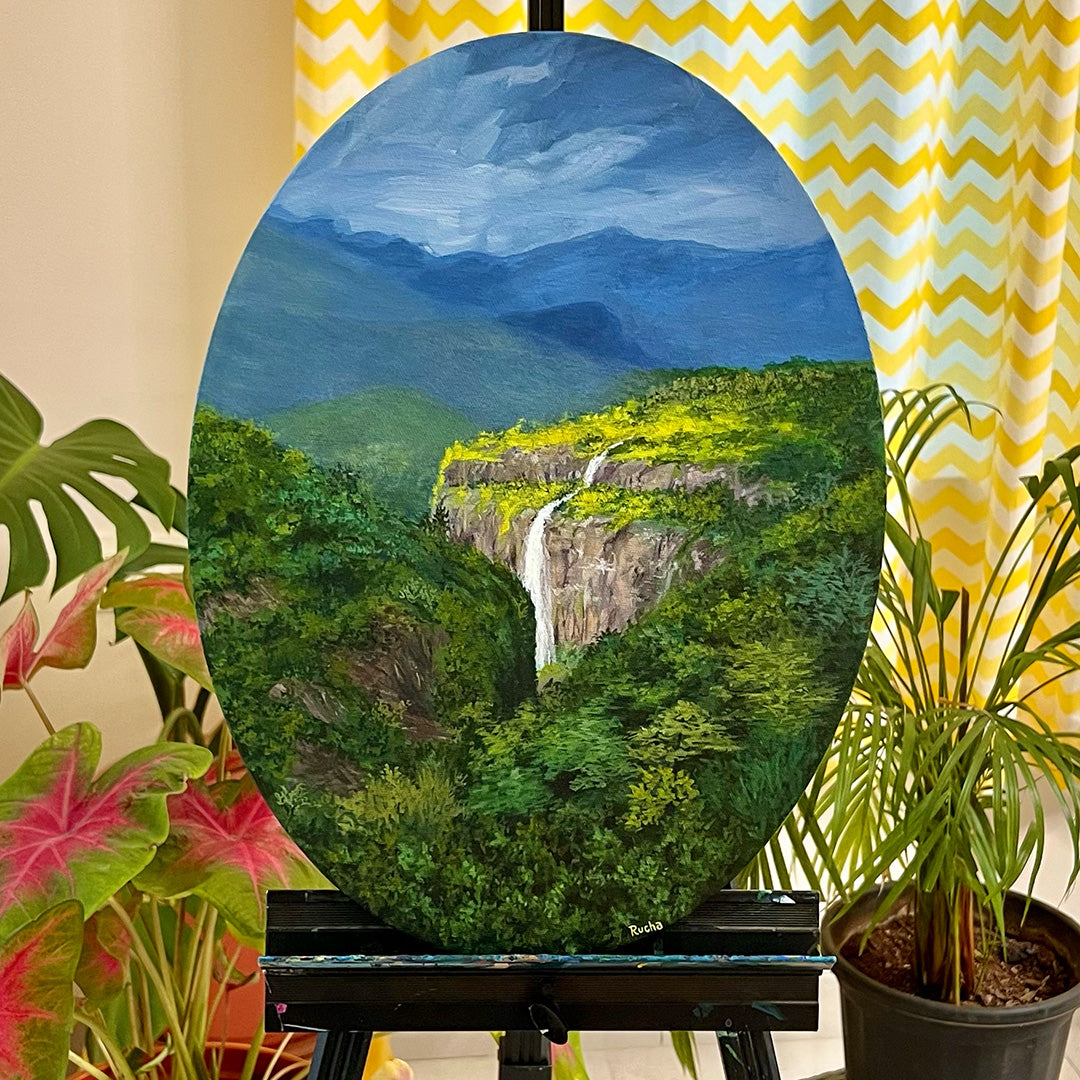 The Sunlit Waterfall - Painting